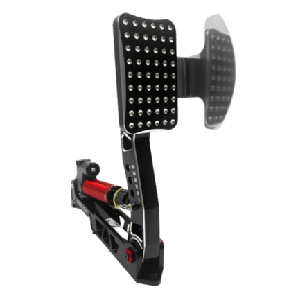 Angled view of Simagic P2000 pedal with side throttle plate accessory installed showing enhanced foot control support