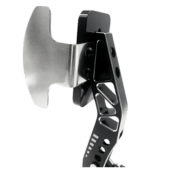 Rear angled view of Simagic P2000 side throttle plate showing mounting bracket and structural support design