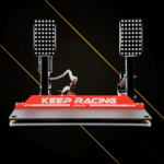 Simagic P2000R-2P hydraulic pedals front view with dual pedal setup and Keep Racing heel plate