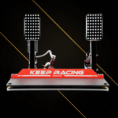 Simagic P2000R-2P hydraulic pedals front view with dual pedal setup and Keep Racing heel plate