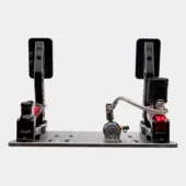 Simagic P2000R-2P pedals rear view showing hydraulic reservoir and tubing system