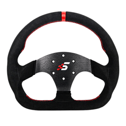 Simagic P-325D steering wheel in Alcantara with flat-bottom design and red center stripe for racing setup