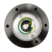 Rear view of Simagic QR70 quick release showing internal wiring connector and mounting holes