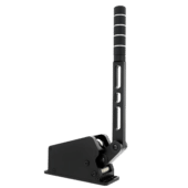 Angled right view of Simagic TB-1 handbrake showing mechanical structure and pivot system