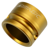 Single gold anodised Simagic wheel mount 50mm highlighting premium finish and structural design