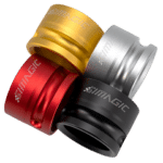 Angled group view of Simagic 50mm wheel mounts in red, gold, silver and black finishes showing machining quality