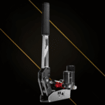 Simagic TB-RS hydraulic handbrake angled front view with aluminium lever and master cylinder