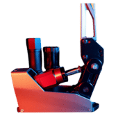 Side studio view of Simagic TB-RS handbrake highlighting hydraulic components under lighting