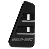 Angled view of Simagic P2000 haptic bracket highlighting machined aluminium construction and slot design