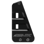 Front view of Simagic P2000 haptic bracket in black finish showing dual mounting slots and compact design