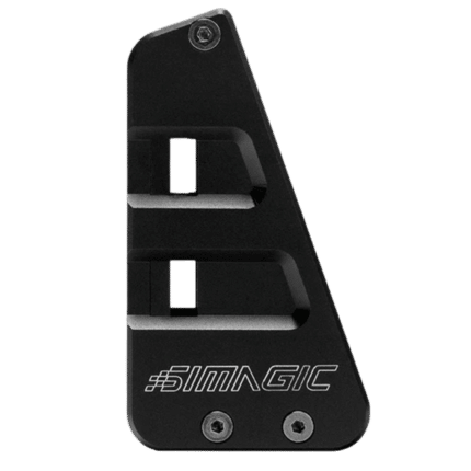 Front view of Simagic P2000 haptic bracket in black finish showing dual mounting slots and compact design