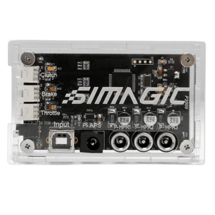 Internal front view of Simagic P2000 haptic control box showing labeled connections and Simagic branding on PCB