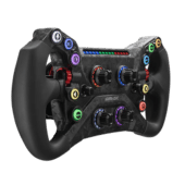Simagic GT Neo steering wheel angled front view with RGB buttons and rotary encoders