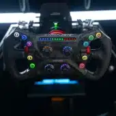 Simagic GT Neo wheel mounted on simulator showing full cockpit integration