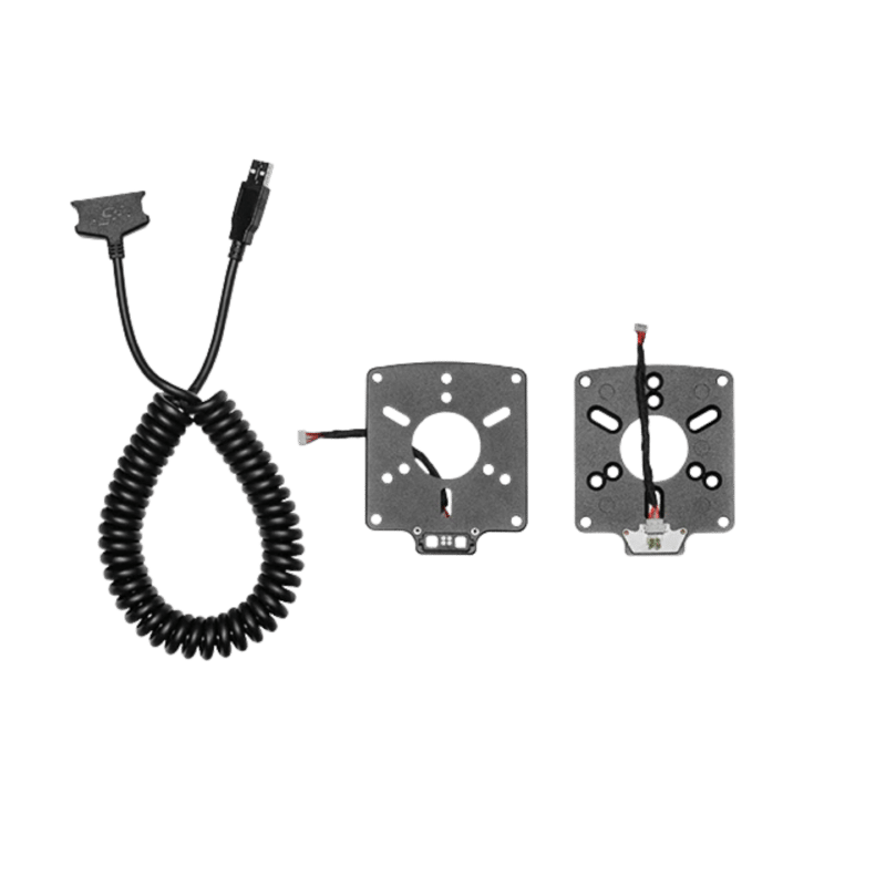 Simagic MagLink cable and adapter kit showing coiled USB cable and magnetic connection system for Simagic wheels