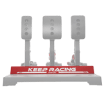 Front view of Simagic P1000 heel stop with Keep Racing branding mounted on pedal base