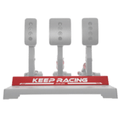 Front view of Simagic P1000 heel stop with Keep Racing branding mounted on pedal base