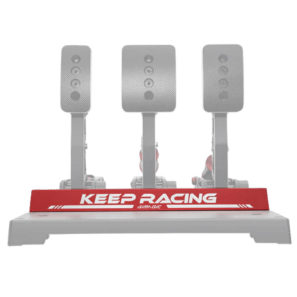 Front view of Simagic P1000 heel stop with Keep Racing branding mounted on pedal base
