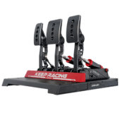 Simagic P1000 heel stop installed showing angled view with full pedal set and red anodized support bar