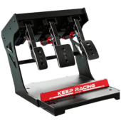 Simagic P1000 heel stop installed on sim rig showing full pedal assembly and mounting structure