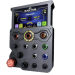 GT-LM carbon fiber sim racing button box with integrated digital display, rotary encoders, illuminated push buttons and emergency stop
