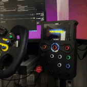 GT-LM carbon fiber sim racing button box installed on racing simulator cockpit showing digital dash and control layout in use
