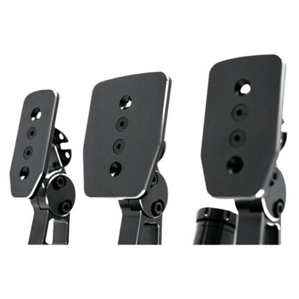 Angled close-up of Simagic P1000 flat pedal plates mounted on pedals showing slim profile and mounting hardware