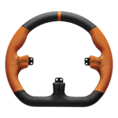 Asetek Closed D orange leather steering wheel grip showing perforated leather finish with contrast stitching for sim racing