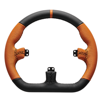 Asetek Closed D orange leather steering wheel grip showing perforated leather finish with contrast stitching for sim racing
