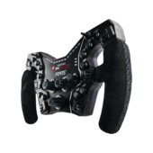 Asetek Forte wheel fitted with suede handles showing high grip racing surface and premium control layout