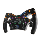 Asetek Forte Formula wheel angled view highlighting grips, buttons and motorsport layout