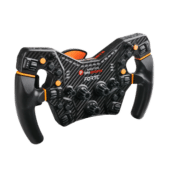 Asetek Forte Formula wheel front view showing carbon fiber faceplate and multi-function rotary encoders