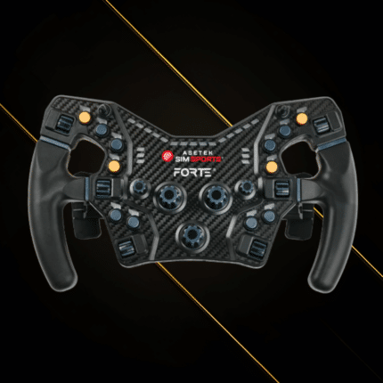Asetek Forte Formula wheel illuminated view showing RGB lighting and control interface