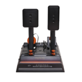 Asetek Forte sim racing pedals front view showing dual pedal layout, pedal plates and adjustable mounting base