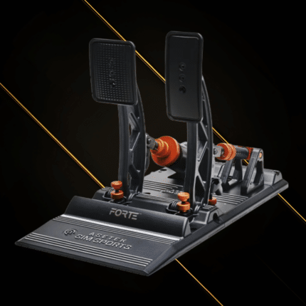 Asetek Forte sim racing pedals angled front view showing brake and throttle pedals with aluminium base and race-inspired design