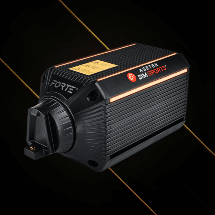 Asetek Forte wheelbase front angle showing direct drive motor housing and compact performance design