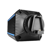 Asetek Invicta wheelbase side angle highlighting cooling fins, LED accents and industrial design