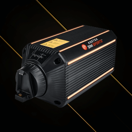 Asetek Invicta wheelbase front angle showing direct drive motor housing and premium aluminium heat sink design