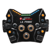 Asetek La Prima sim racing button box with illuminated LED indicators and rotary controls