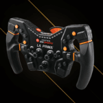 Asetek La Prima Formula wheel angled view showing integrated grips, rotary encoders and race control layout