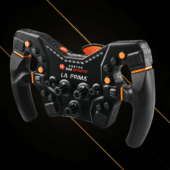 Asetek La Prima Formula wheel angled view showing integrated grips, rotary encoders and race control layout