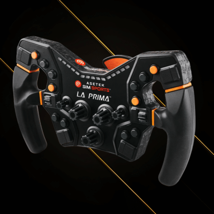 Asetek La Prima Formula wheel angled view showing integrated grips, rotary encoders and race control layout
