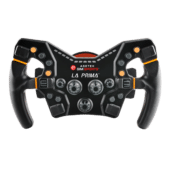 Asetek La Prima Formula wheel front view showing symmetrical control layout, rotary dials and race-ready design