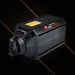 Asetek La Prima wheelbase 12Nm front angled view showing compact direct drive motor housing and cooling fins