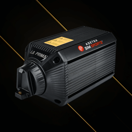 Asetek La Prima wheelbase 12Nm front angled view showing compact direct drive motor housing and cooling fins