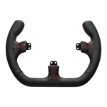 Asetek Open D leather handles front view showing perforated leather grip with red stitching for premium sim racing steering wheels