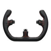 Asetek Open D leather handles front view showing perforated leather grip with red stitching for premium sim racing steering wheels