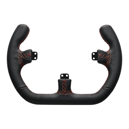 Asetek Open D leather handles front view showing perforated leather grip with red stitching for premium sim racing steering wheels