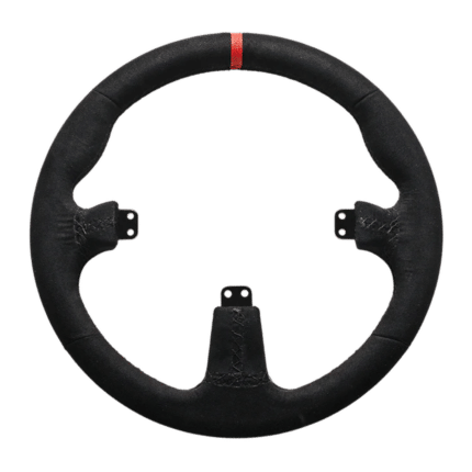 Asetek Round Comfort+ steering wheel with soft-touch grip and red center marker designed for long sim racing sessions
