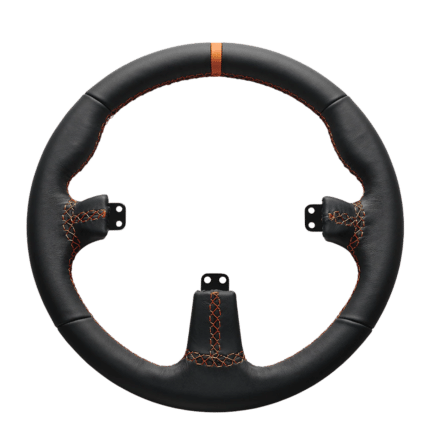 Asetek round leather steering wheel grip with premium stitching detail and center marker for sim racing precision